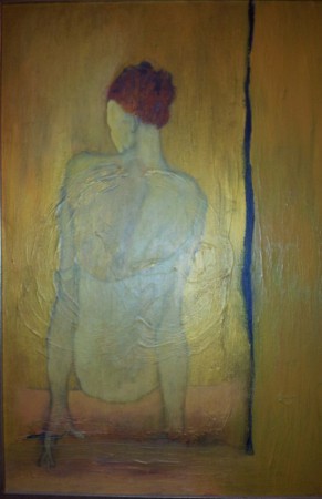 Oma ja ensimmäinen versioni Egon Schielen v.1917 teoksesta Woman Sitting Viewed Behind. Maalasin tämän taulupohjalle, johon olin aiemmin pyöritellyt pensselillä palluroita. Nuo kolmiulotteiset kohoumat eivät siis ole tarkoituksella tässä taulussa.